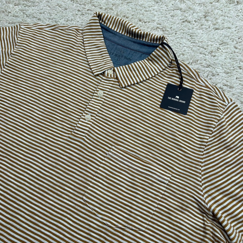 The Normal Brand Polo Shirt XXL Brown Striped Short Sleeve Pocket Bear New NWT
